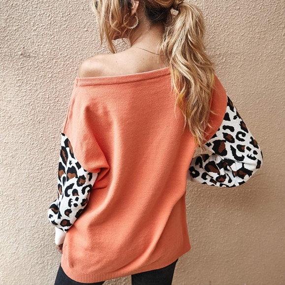PRETTYGARDEN Women’s Casual Long Sleeve Off Shoulder Knitted Sweater Leopard - Picture 5 of 5